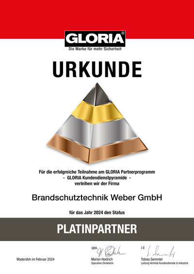 Gloria Platinum Partner Urkunde Brandschutztechnik Weber GmbH